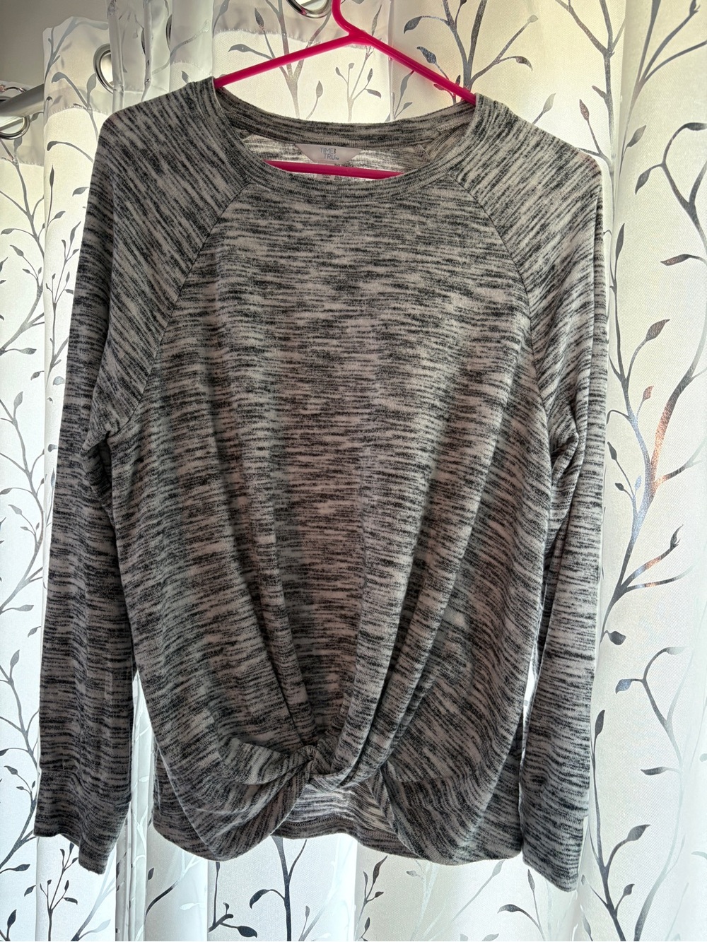 Time and Tru Gray Marled Twist-Front Crew Neck Sweater